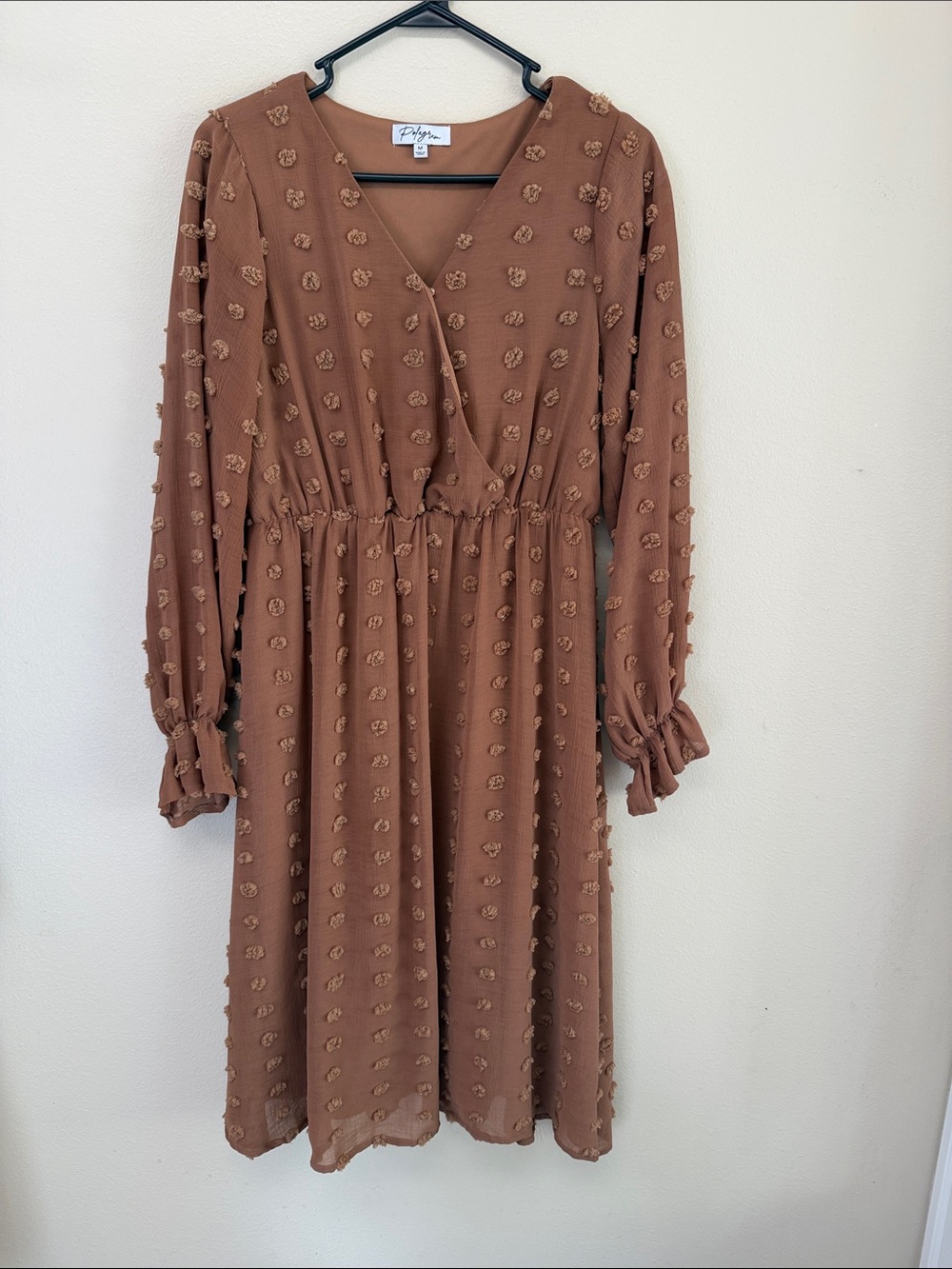 Polagram Rust Brown Textured V-Neck Long Sleeve Dress